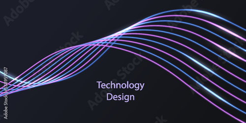 Fiber optic technology design. Swirl fibre line, electric impulses, neon glowing light effect. Purple and blue waves, dynamic movement. Cyber data communication banner background. Vector illustration