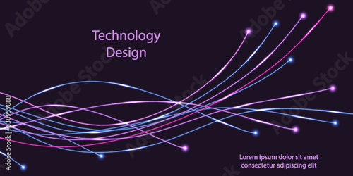 Fiber optic technology design. Swirl fibre line, electric impulses, neon glowing light effect. Purple and blue lines, dynamic movement. Cyber data communication banner background. Vector illustration