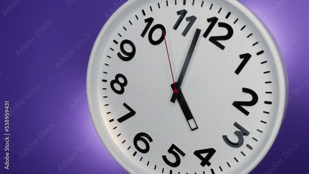 A White Wall Clock On Purple Background With A Time Of 4.00 Am Or Pm. A Black Hands and Red Second Hand Of The Clock. Timelapse. 4k. ProRes. A White Wall Clock On Purple Background With A Time Of 4.00 Am Or Pm. A Black Hands and Red Second Hand Of The Clock. Timelapse. 4k. ProRes.