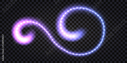 Neon laser wave swirl, glowong light, blue and purple trail.  Shiny electric thunder bolt. Cyber futuristic synthwave design element isolated on transparent background. Vector illustration