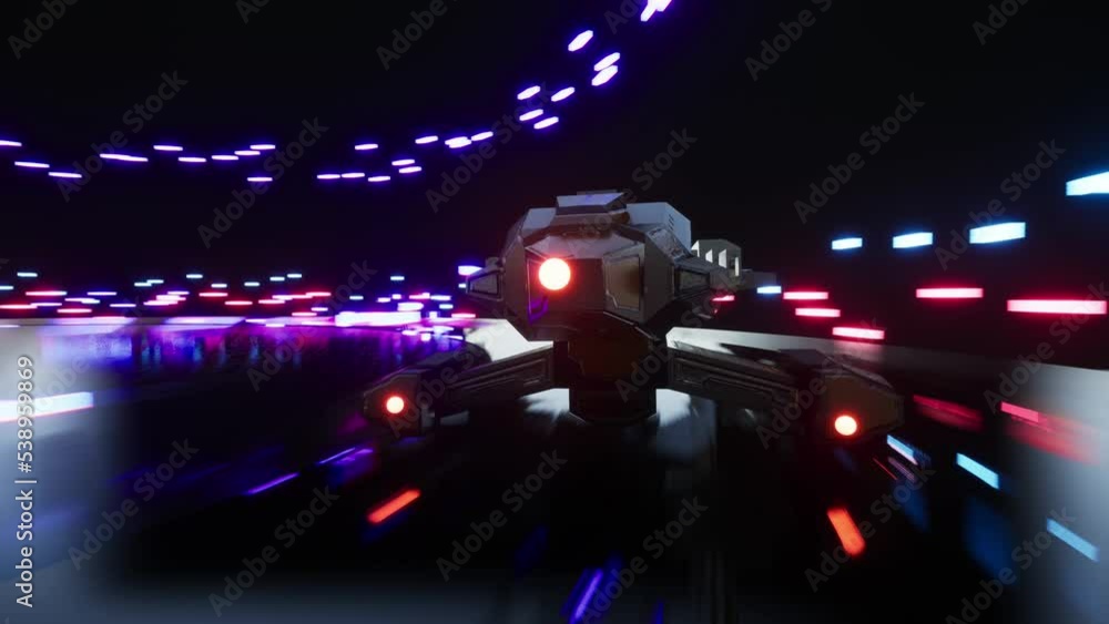 spacecraft passes On Neon Highway, 3D Rendering