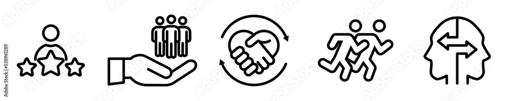 Conjunto de iconos de trabajo en equipo. Equipo empresarial. Negocio, recursos humanos, acuerdo comercial. Ilustración vectorial Conjunto de iconos de trabajo en equipo. Equipo empresarial. Negocio, recursos humanos, acuerdo comercial. Ilustración vectorial