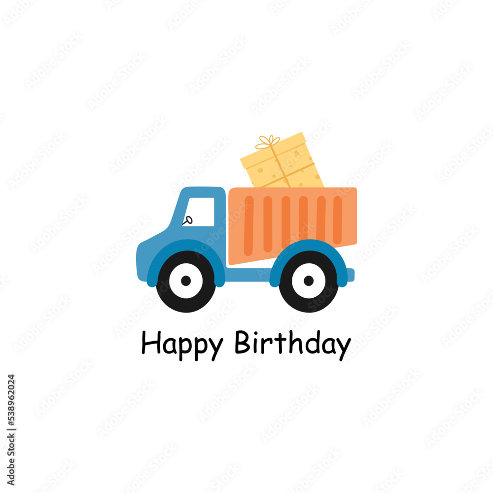 Truck with present. Vector illustration on a white background. For kids stuff, card, posters, banners, children books, printing on the pack, clothes, fabric, wallpaper, textile or dishes. Truck with present. Vector illustration on a white background. For kids stuff, card, posters, banners, children books, printing on the pack, clothes, fabric, wallpaper, textile or dishes.