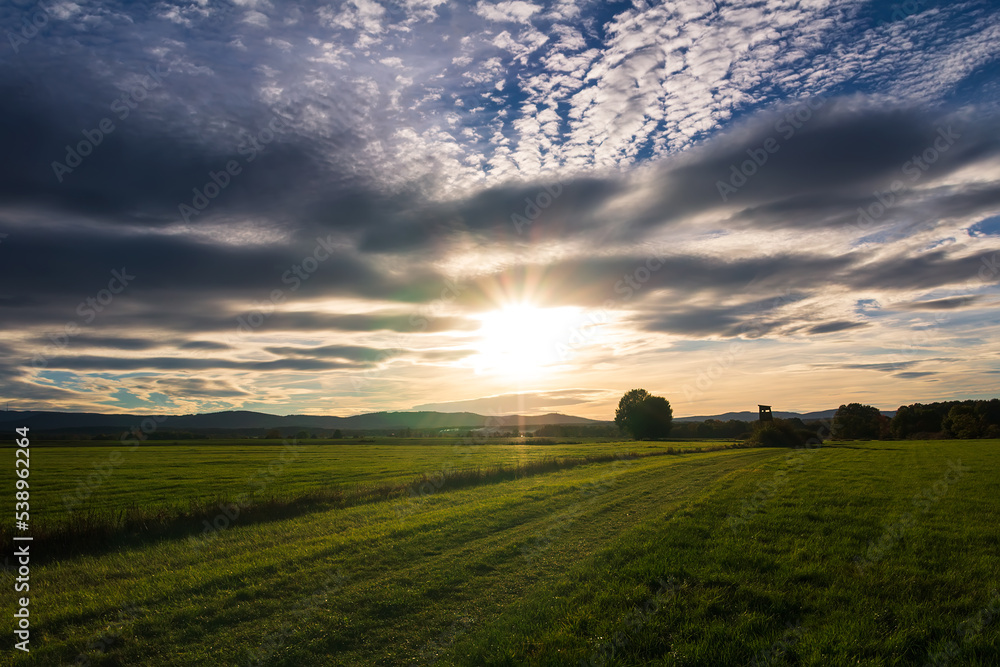 Meadow with path tree and high seat under dramatic sunset sky Meadow with path tree and high seat under dramatic sunset sky