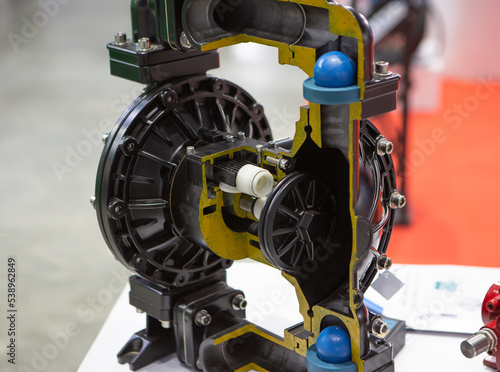 Cross section of industrial plastic diaphragm pump for gas and liquid. photo