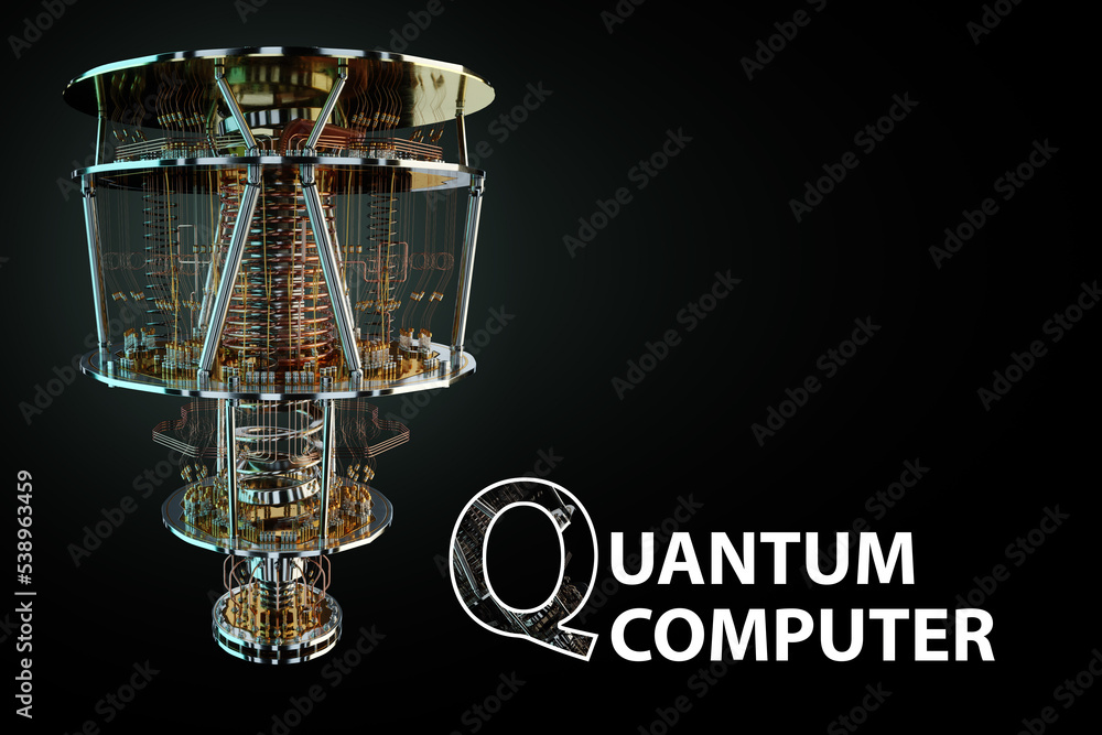 Lettering Quantum computer and gold silver mechanism isolated on black. mechanism, quantum computing, quantum cryptography, steampunk, Q bits, parallel computing. 3D illustration, 3D render.