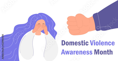 Domestic violence awareness month is organized in October. Victim scene in society. Stressed person in shame. Flat concept vector of accusation in life, in school.