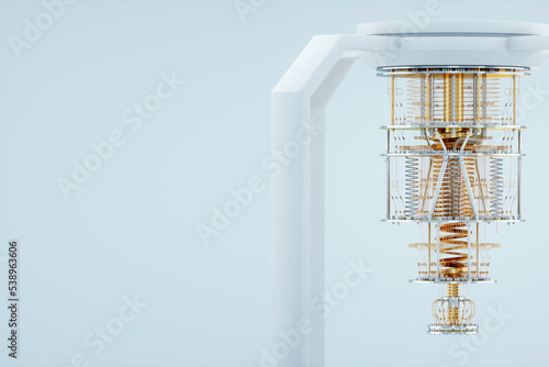 Quantum computer, gold silver mechanism isolated on white background. Mechanism, quantum computing, quantum cryptography, steampunk, Q bits, parallel computing. 3D illustration, 3D render. photo