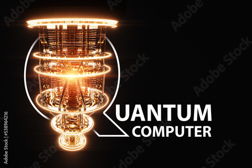 Lettering Quantum computer and gold silver mechanism isolated on black. mechanism, quantum computing, quantum cryptography, steampunk, Q bits, parallel computing. 3D illustration, 3D render.