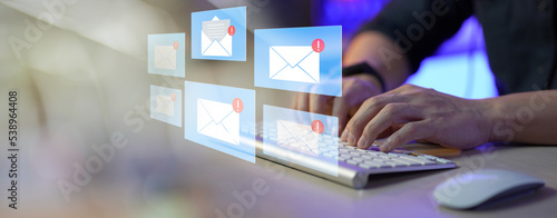 email marketing concept, company sending many e-mails or digital newsletter to customers. Mail Communication Connection message to mailing contacts phone Global Letters Concept.. photo