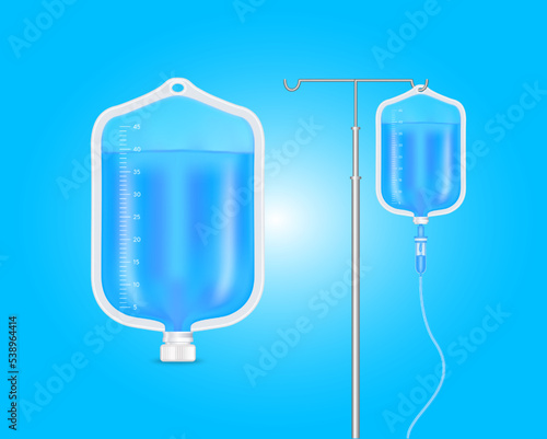 Plastic saline bag blue. Collagen skincare beauty. IV drip vitamin minerals for health. Intravenous therapy with dropper. Medical concept. Isolated realistic on solid background 3D vector.