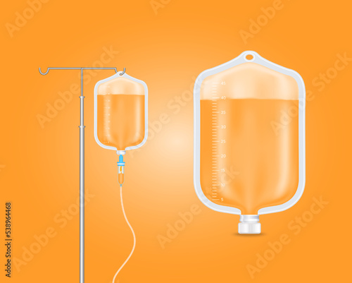 Plastic saline bag orange. Collagen skincare beauty. IV drip vitamin minerals for health. Intravenous therapy with dropper. Medical concept. Isolated realistic on solid background 3D vector.