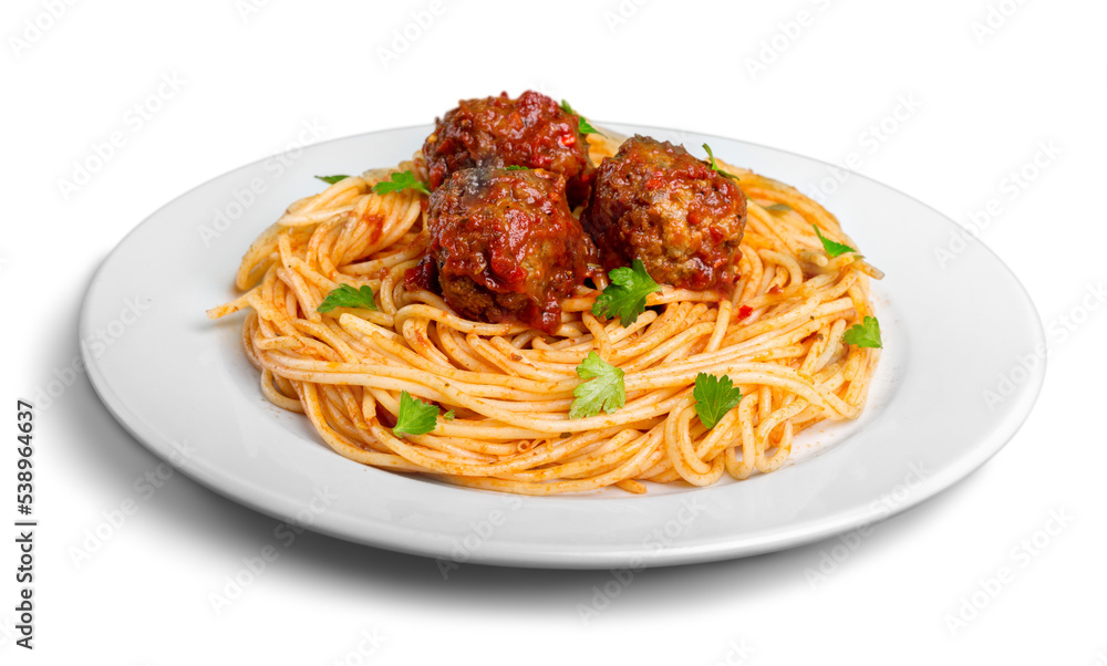 pasta with meatballs and parsley with tomato sauce