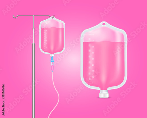 IV drip vitamin minerals for health. Plastic saline bag pink. Collagen skincare beauty. Intravenous therapy with dropper. Medical concept. Isolated realistic on solid background 3D vector.