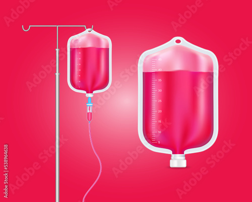 Plastic saline bag red. Collagen skincare beauty. IV drip vitamin minerals for health. Intravenous therapy with dropper. Medical concept. Isolated realistic on solid background 3D vector.