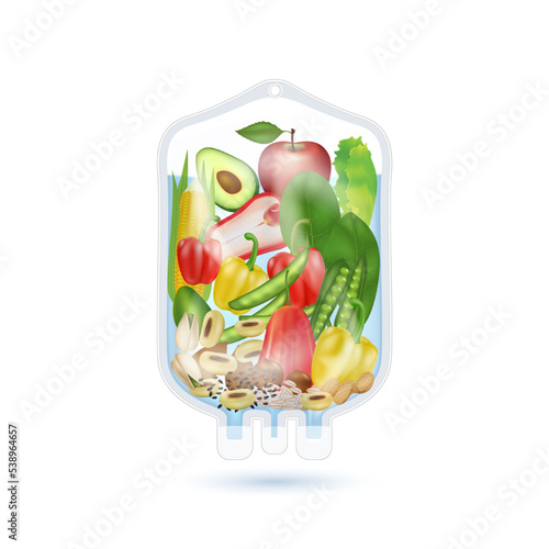 Different fruit vegetable and grains inside saline bag rich in vitamins. IV drip natural products containing dietary fiber and minerals healthy. Realistic 3D vector EPS10.