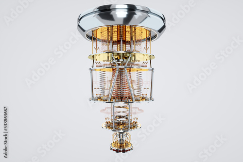 Quantum computer, gold silver mechanism isolated on white background. Mechanism, quantum computing, quantum cryptography, steampunk, Q bits, parallel computing. 3D illustration, 3D render.