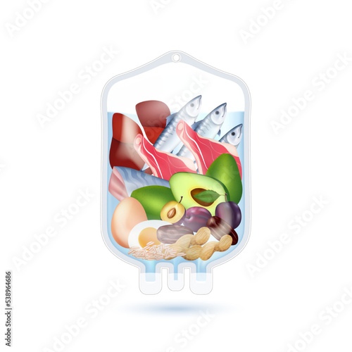 Different grains fruit and fish inside saline bag rich in vitamins. IV drip natural products containing dietary fiber and minerals healthy. Realistic 3D vector EPS10.