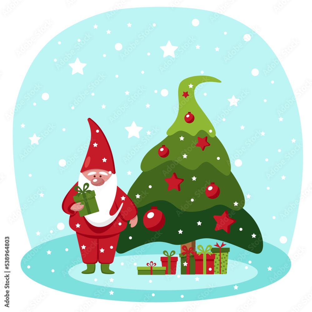 Christmas gnome with gifts. Christmas greeting card cute gnome at the Christmas tree on a blue background. Vector flat illustration of a  EPS 10.