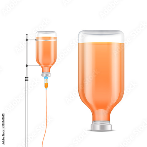 Saline solution bottle orange. IV drip vitamin minerals for health. Intravenous therapy with dropper. Collagen skincare beauty. Medical concept. Isolated realistic on white background 3D vector.