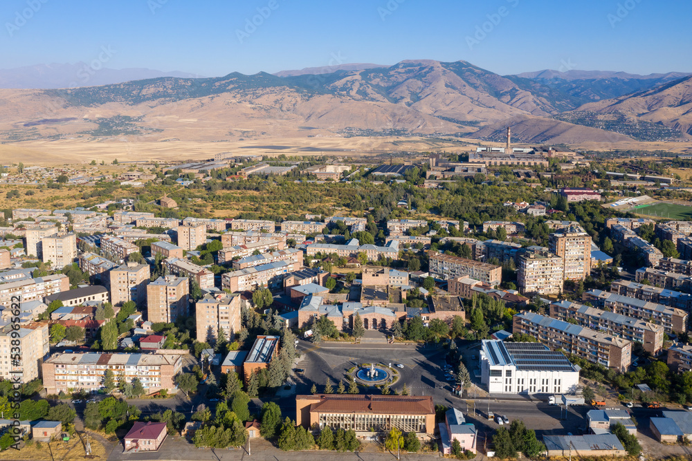 Aerial view of Charentsavan town on sunny summer day. Kotayk Province, Armenia.