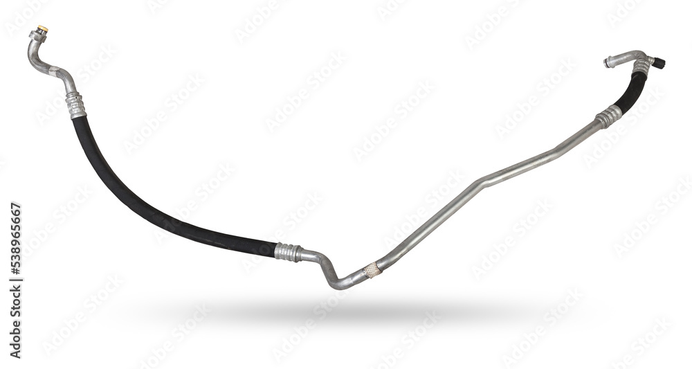 Air conditioning hose for supplying refrigerant or oil for cooling air or heated parts of cars and trucks on a white isolated background. Auto parts catalog. Air conditioning hose for supplying refrigerant or oil for cooling air or heated parts of cars and trucks on a white isolated background. Auto parts catalog.