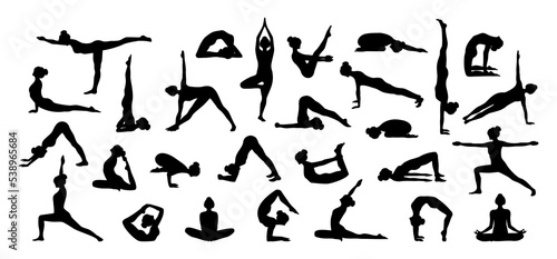 Set of woman doing yoga exercises isolated on white background