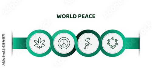 editable thin line icons with infographic template. infographic for world peace concept. included cannabis, pacifism, victory, crown of flowers icons.