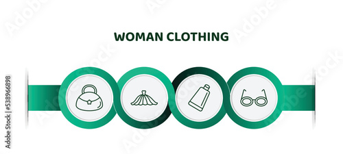 editable thin line icons with infographic template. infographic for woman clothing concept. included hobo shoulder bag, long dress, creme container black, glasses for eyes icons.