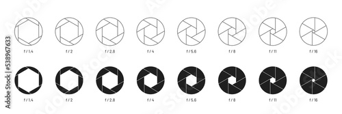 Camera shutter icons collection. Set of camera lens aperture pictograms. Camera shutter symbols. Vector