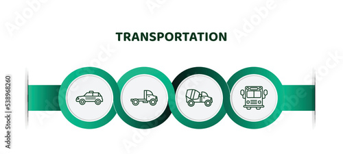 editable thin line icons with infographic template. infographic for transportation concept. included taxi, truck, cement truck, school bus icons.