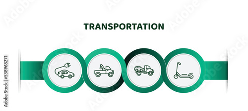 editable thin line icons with infographic template. infographic for transportation concept. included electro car, tow truck, wrecker, scooter icons.