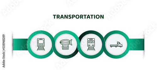 editable thin line icons with infographic template. infographic for transportation concept. included metro, zeppelin, train front, flatbed lorry icons.