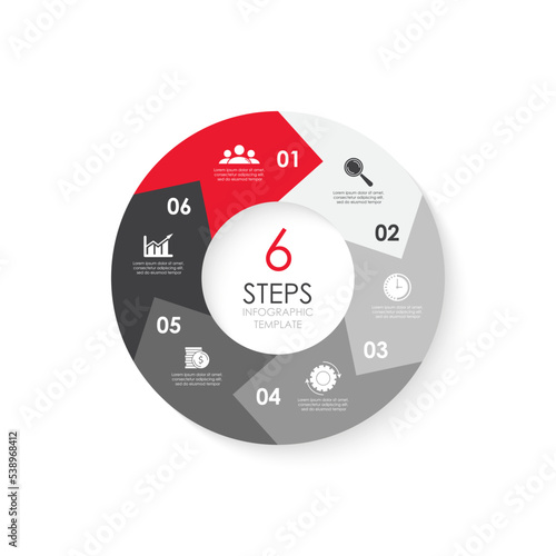 Vector circle infographic template with arrow for round diagram, graph, web design. Business concept with 6 steps, options or processes. Isolated on white background.