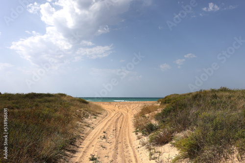 Sea access to the beach. Wide access to the beach with sand and grass