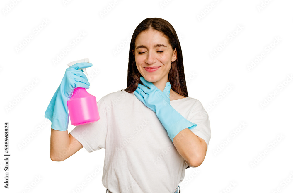 Young cleaner woman isolated laughs out loudly keeping hand on chest.