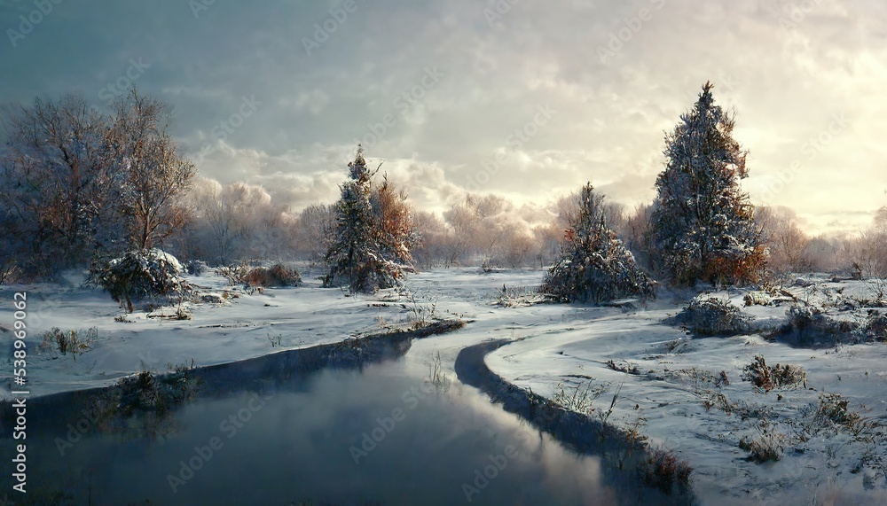 winter landscape with snow and river