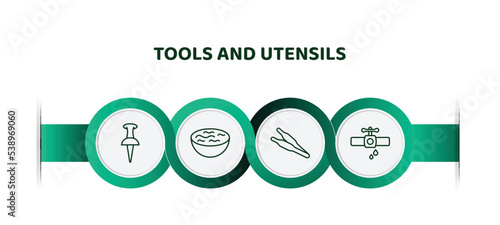 editable thin line icons with infographic template. infographic for tools and utensils concept. included push pins, water bowl, forceps, pipe losing water icons.