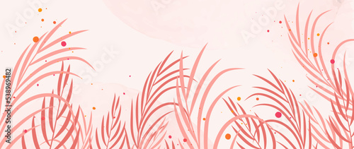 Vector background art, with pink tropical leaves, branches on a watercolor gentle background. Tropical  Luxury botanical cover design, vector art for wallpaper or wall decoration