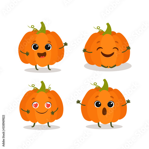 Cute cartoon pumpkin. Set of orange pumpkin characters.Cartoon vegetables.Healthy vegetarian food character.Vector illustration