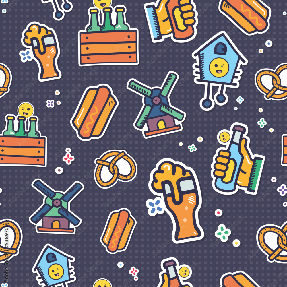 vector colorful oktoberfest stickers - trendy, seamless, repeat pattern background. Perfect for Banner, flyer, poster, scrapbook, gift wrapping, packaging and greeting card projects