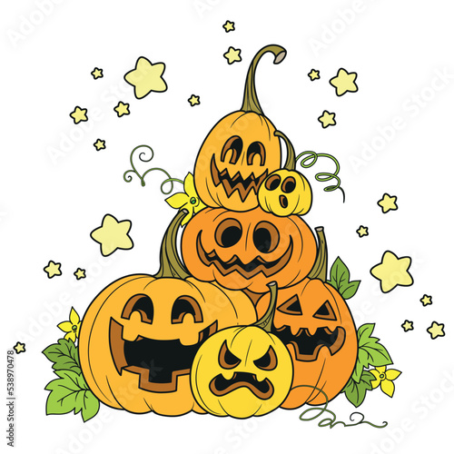 Many of  Halloween pumpkins lanterns color variation for coloring page isolated on white