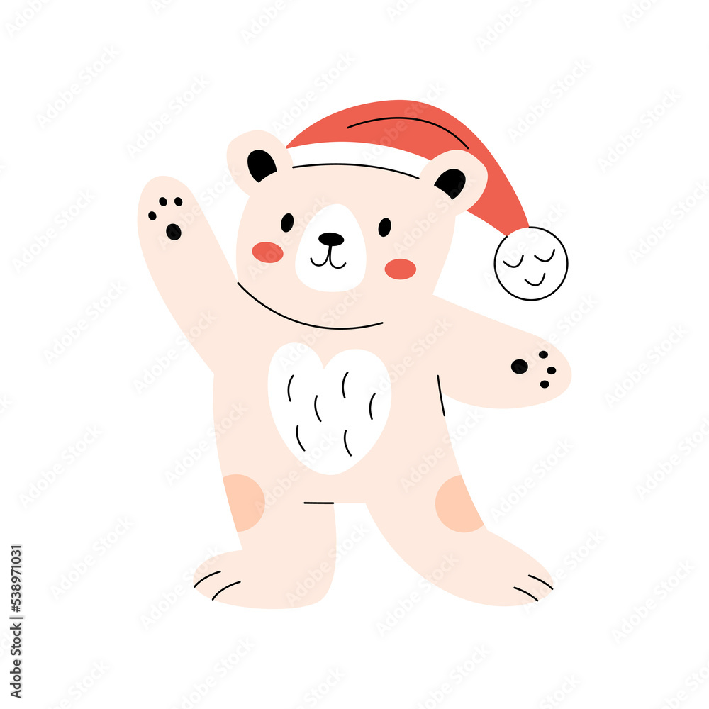 Fototapeta premium Cute smiling polar bear wearing red Santa hat