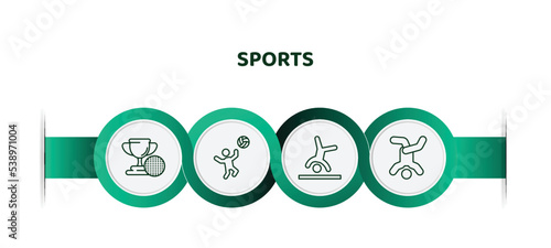 editable thin line icons with infographic template. infographic for sports concept. included golf champion, man playing volleyball, cartwheel, breakdancing dancer icons.