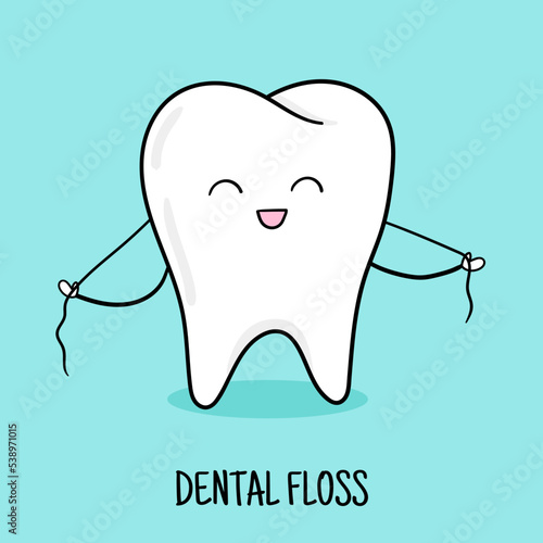 Cute tooth with dental floss. Oral hygiene. Dental cute Illustration for children dentist cabinet, pediatric dentistry.