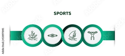 editable thin line icons with infographic template. infographic for sports concept. included man in canoe, boxer with belt, windsurf sea, man lifting weight icons.