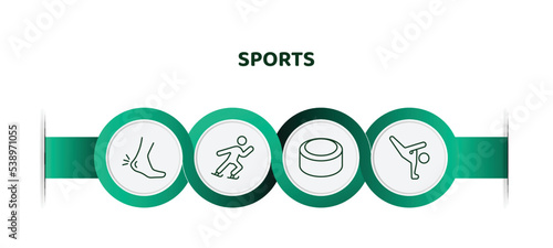 editable thin line icons with infographic template. infographic for sports concept. included ankle, ice skating man, hockey puck, capoeira icons.