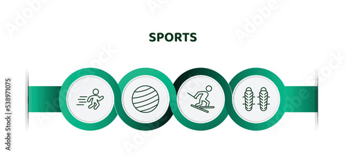 editable thin line icons with infographic template. infographic for sports concept. included man sprinting, gym ball, slalom, shin guards icons.