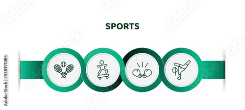 editable thin line icons with infographic template. infographic for sports concept. included tennis game, boy with skatingboard, boxing glove, breakdance icons.