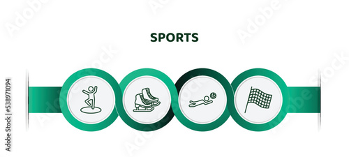 editable thin line icons with infographic template. infographic for sports concept. included dancer motion, ice skates, volleyball motion, chequered flag icons.